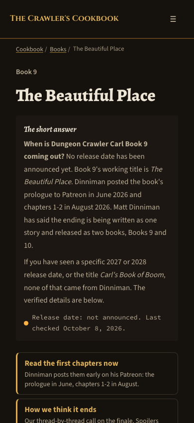The public Book 9 page on a phone, with its short answer that no release date has been announced