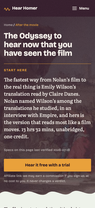The after-the-movie page of Hear Homer on a phone, which recording to listen to after seeing the film