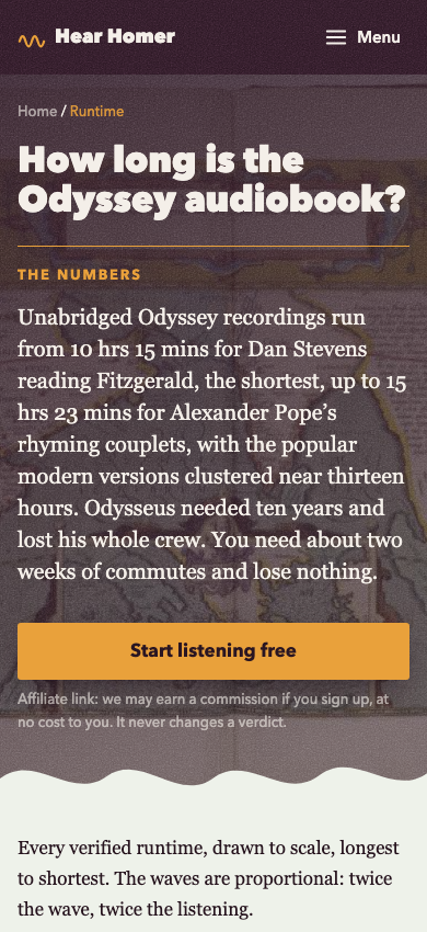 The runtime page of Hear Homer on a phone: how long each Odyssey audiobook runs, drawn to scale