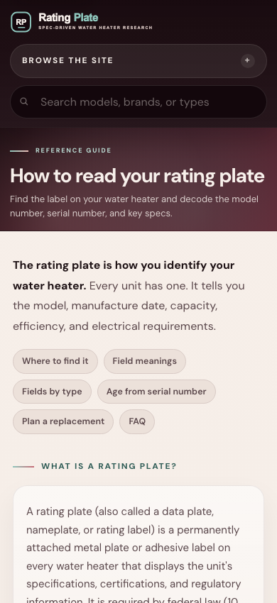The rating plate guide on a phone: how to read your rating plate, with jump links to where to find it, field meanings, fields by type and age from the serial number