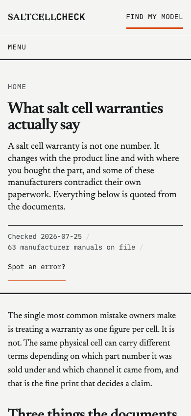 The warranty page of SaltCellCheck on a phone: what salt cell warranties actually say, quoted from the documents