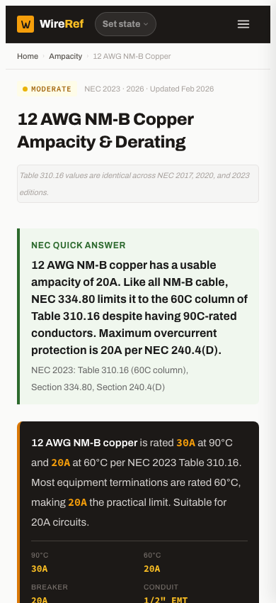 WireRef's 12 AWG copper page on a phone: the quick answer, a usable ampacity of 20 amps, sits right under the title