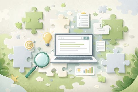 Illustration of a laptop showing a search page, surrounded by puzzle pieces, a magnifying glass, a lightbulb, a target and checklists.