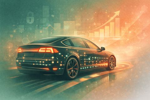 Illustration of a dark sedan on the road, traced with glowing data points, in front of a rising bar chart.