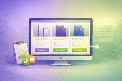 Illustration of a monitor comparing three products side by side, each with star ratings and a Compare button, beside a clipboard with a chart and a thumbs up.