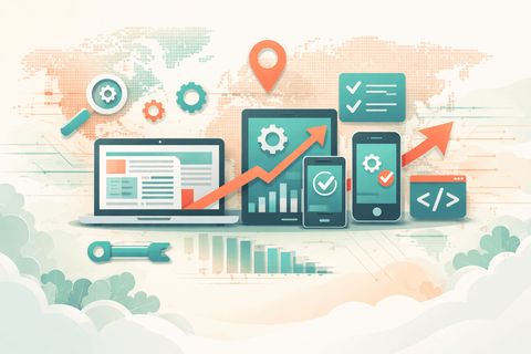 Illustration of a laptop, tablet and phones over a world map, with a rising arrow, gears, a checklist, a map pin and a code tag.