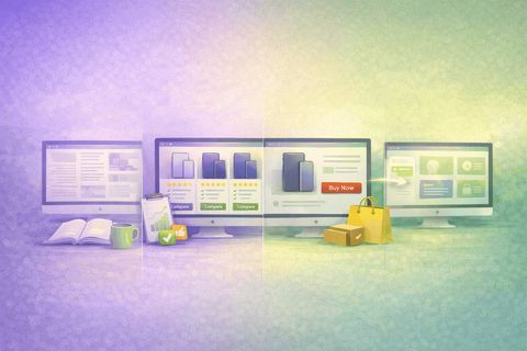 Illustration of four monitors in a row: an article page, a product comparison with star ratings, a product page with a Buy Now button, and an account dashboard.