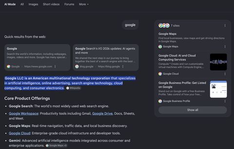 Google AI Mode answering the search 'google' in a conversation, with quick web results above the answer and a panel of seven sources on the right.