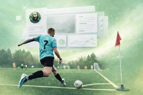 Hayden Schuster in a number 7 jersey taking a corner kick, edited with a website layout and charts floating above the field.