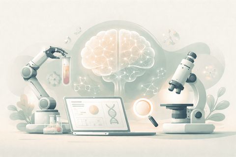 Illustration of a brain above a laptop showing a DNA strand, between a robotic arm holding a test tube and a microscope.