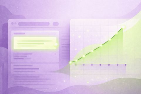 Illustration of a search results page beside a chart where one line climbs steeply and a second line stays flat.