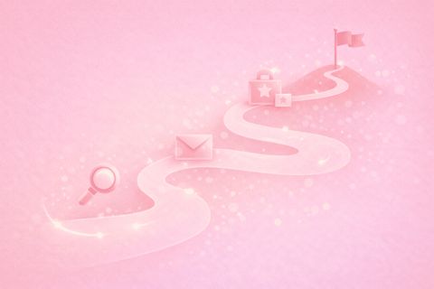 Illustration of a winding path that passes a magnifying glass, an envelope and a shopping bag on its way up to a flag on a hilltop.
