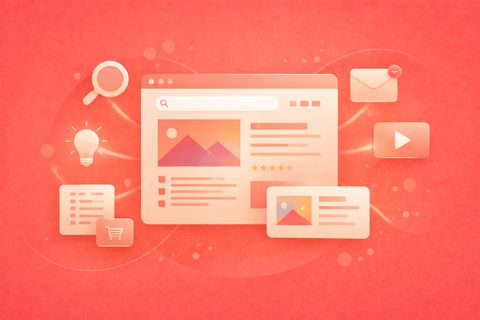 Illustration of a web page linked to a search icon, a lightbulb, an email, a video and a shopping cart.
