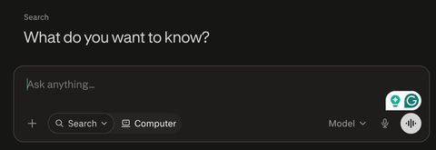 The Perplexity search box under the heading 'What do you want to know?', with Search and Computer options.