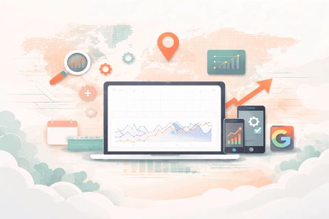 Illustration of a laptop showing line charts, with a phone, a calendar, a map pin and a Google logo around it.