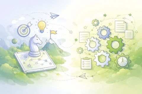 Illustration in two halves: a chess knight on a map with a target, a lightbulb and a flag for strategy, and interlocking gears, documents, a checklist and a clock for systems.