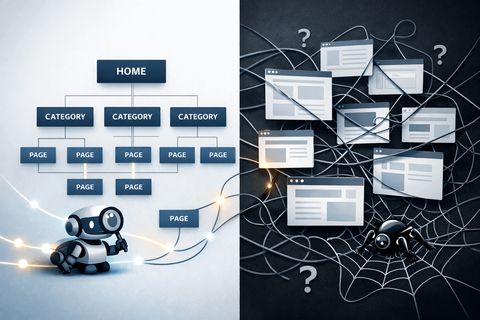 Illustration in two halves. On the left, a small crawler robot follows lit paths through a tidy tree of Home, Category and Page boxes. On the right, a spider sits in a dark tangle of disconnected pages and question marks.