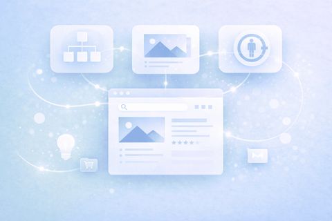 Illustration of a web page connected to tiles for site structure, images and accessibility.