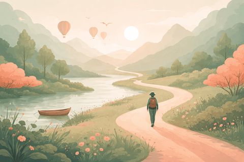 Illustration of a hiker walking a winding path beside a river, toward hills and hot air balloons.