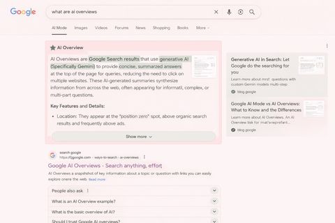 Stylized Google results page for 'what are ai overviews', with an AI Overview box at the top and People Also Ask questions below.