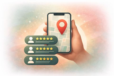 Illustration of a hand holding a phone with a map pin, beside three five-star reviews.