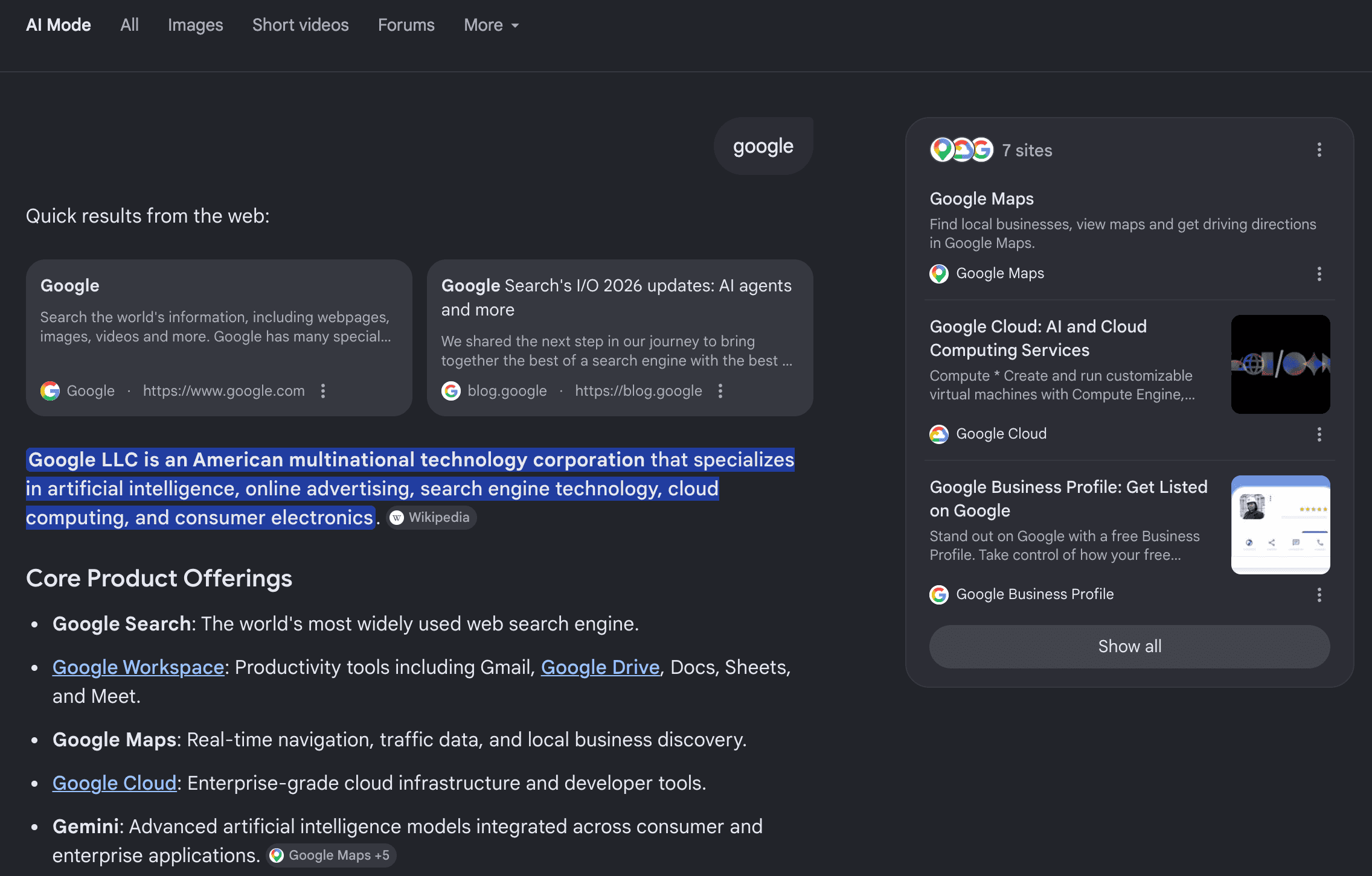 Example of Google AI Mode: a conversational answer assembled from multiple web results, with a sources panel alongside