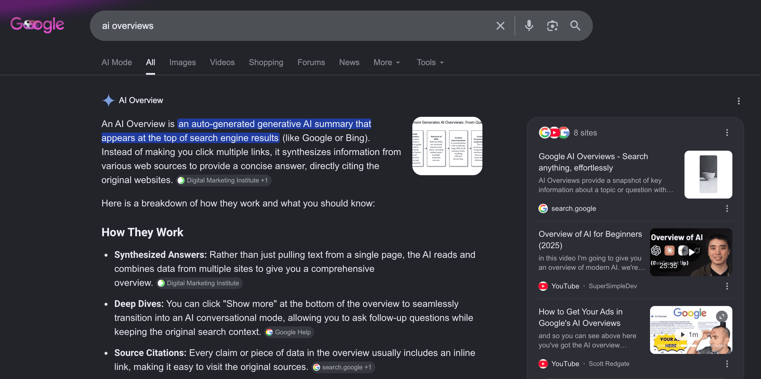 Example of a Google AI Overview: an AI-written summary pinned above the search results with source citations in a panel on the right